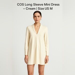 COS Cream Long Sleeve A-Line Mini Dress – Elegant V-Neck | Size M